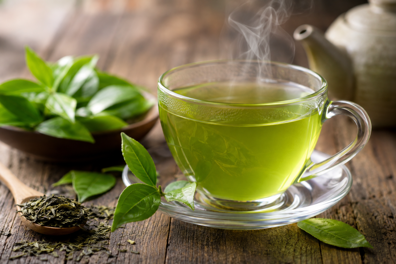 Green tea leaves and brewed tea