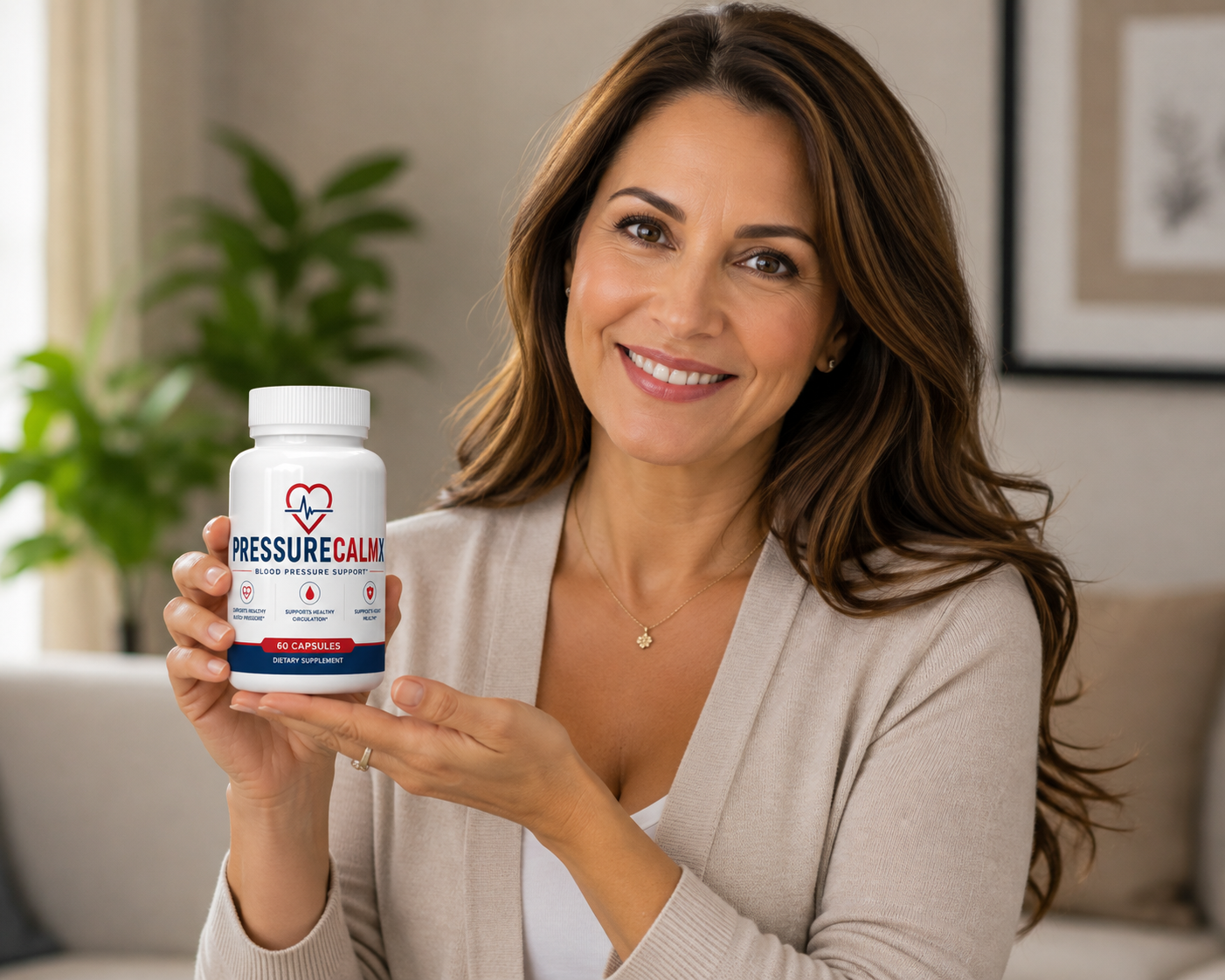 Woman holding a bottle of PressureCalmX blood pressure support supplement